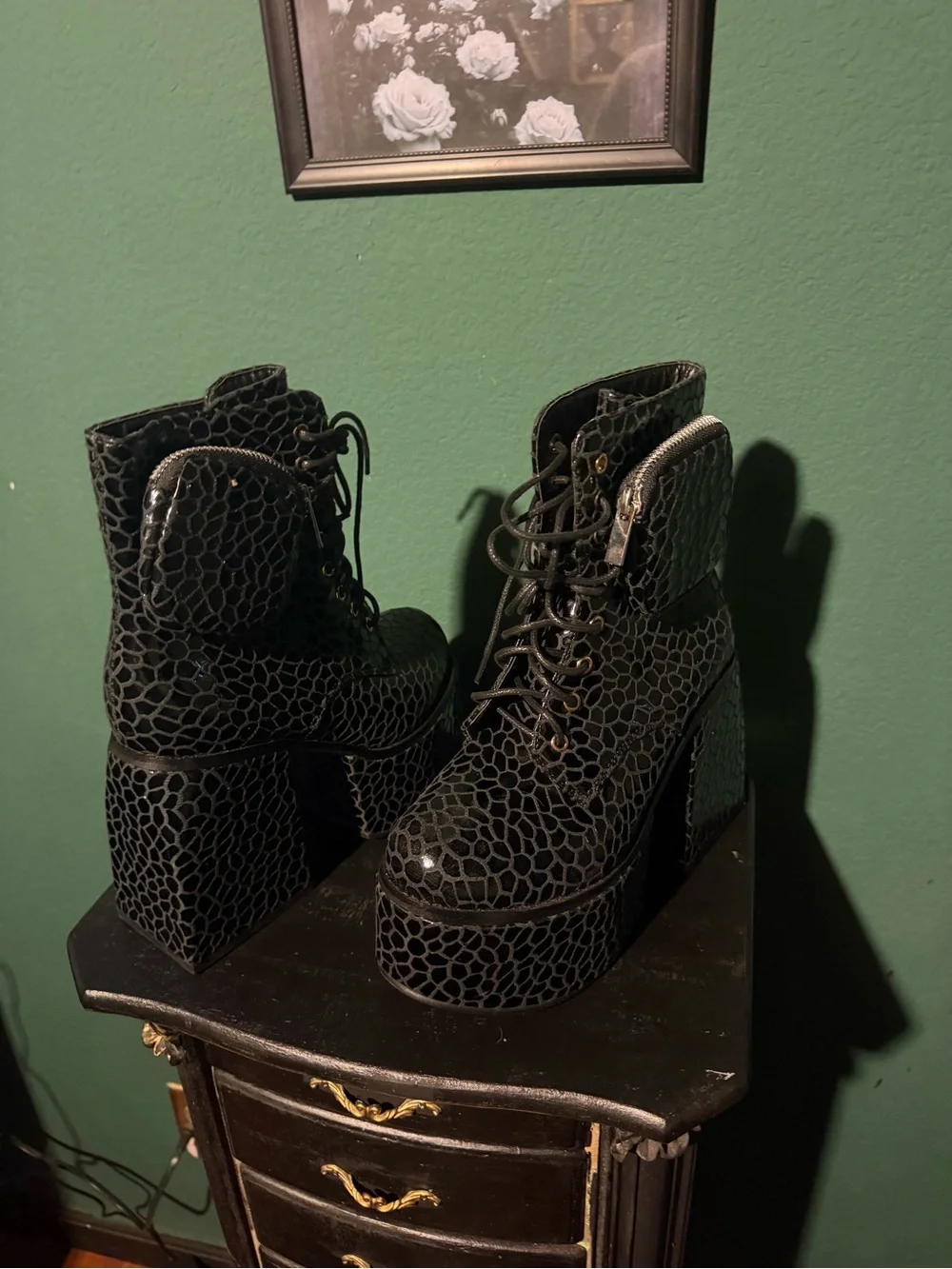 Platform Lace-Up Ankle Boots in Black Croc